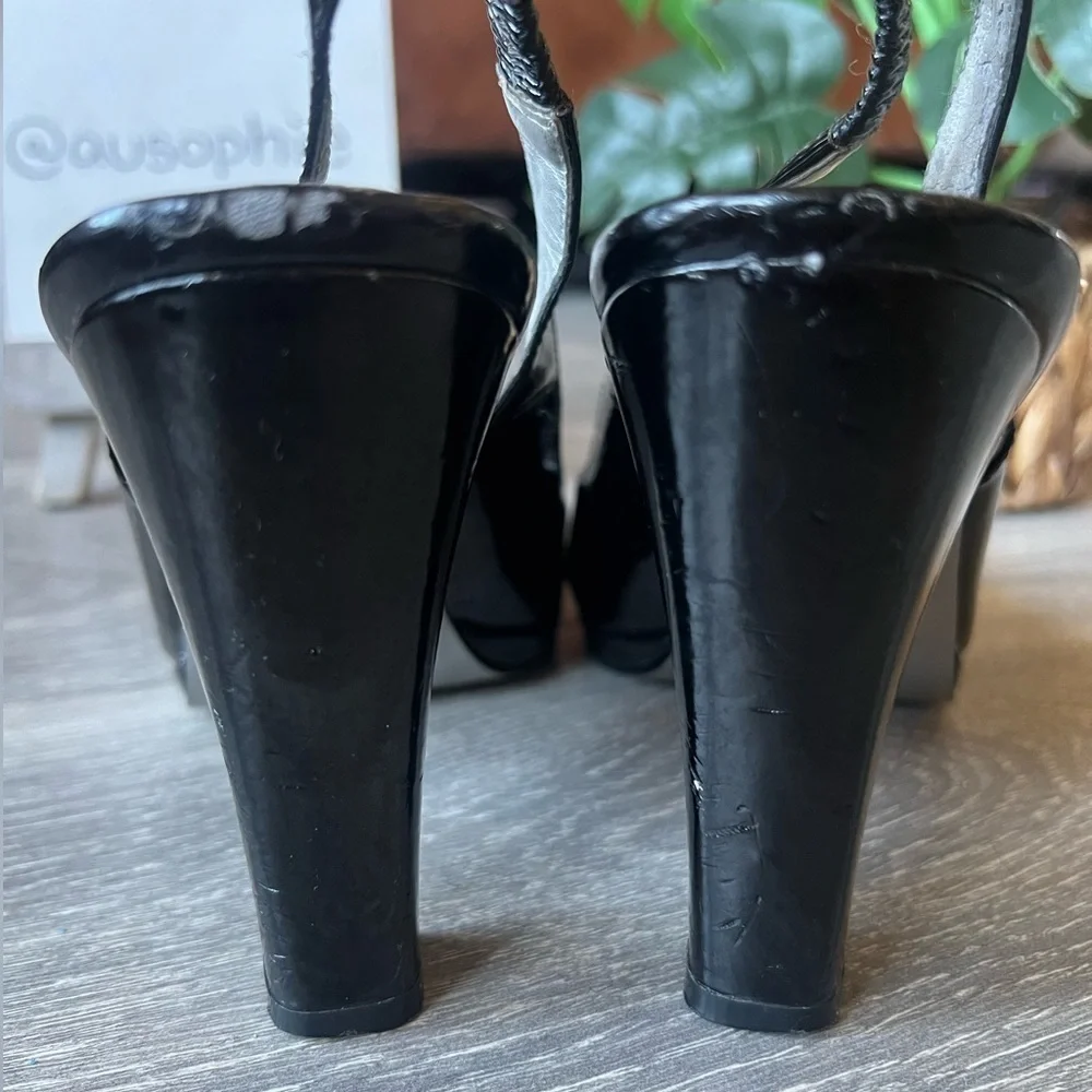 Marc fisher pilgrim buckle peep toe black patent slingback heel Size 7